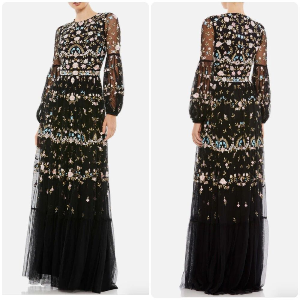 NWT Ieena for Mac Duggal Black Floral Embroidered Tiered Bohemian Maxi Dress 6